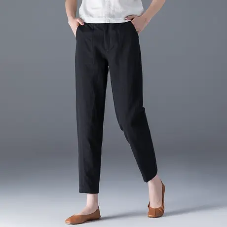 黑色亚麻女裤夏季薄款2023新款休闲八分萝卜裤九分哈伦裤棉麻裤子商品大图