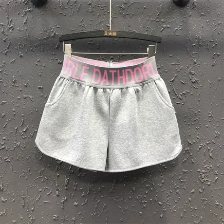 灰色百搭字母潮松紧腰运动短裤女ins港味宽松显瘦高腰阔腿裤热裤图片