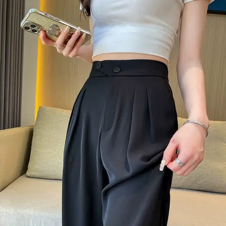 黑色西装阔腿裤女春夏薄款高腰垂感窄版直筒宽松显瘦小个子冰丝裤商品大图