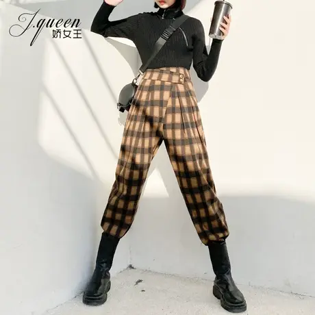 格子毛呢哈伦裤女高腰加厚冬季新款宽松复古显瘦小脚老爹裤萝卜裤商品大图