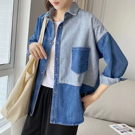 韩版休闲牛仔衬衫外套女开衫2023春季新款宽松拼接衬衣春秋上衣潮图片