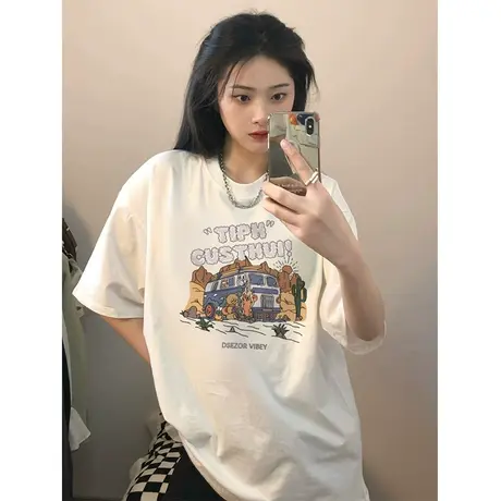 美式复古纯棉正肩短袖t恤女夏季宽松原宿风设计感小众半袖上衣服商品大图