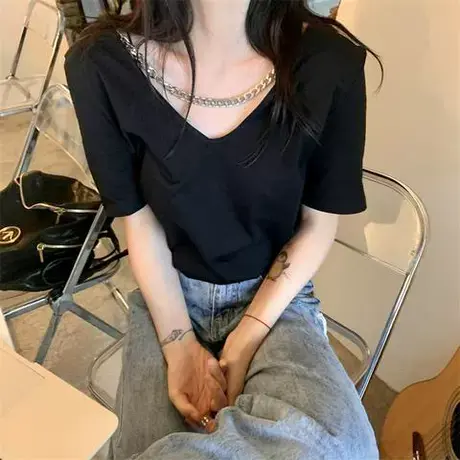 欧美设计感小众独特链条短袖t恤女夏2023新款体恤修身短款上衣潮商品大图