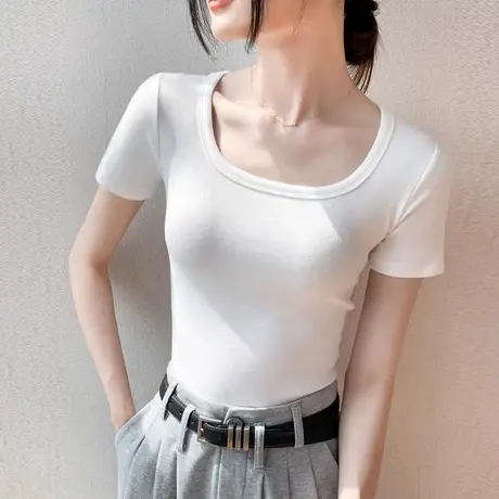 方领T恤女短袖2023夏季新款修身正肩收腰显瘦纯棉露锁骨半袖上衣商品大图