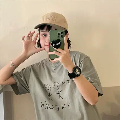 红续纯棉短袖t恤女复古简约图案宽松落肩慵懒风基础圆领上衣ins潮图片