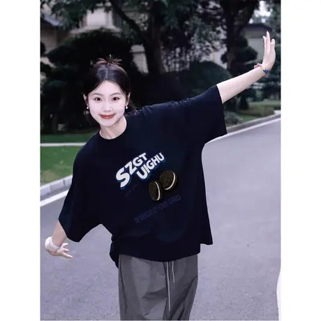 纯棉设计感美式复古短袖t恤女夏季新款小众宽松港风半袖上衣潮牌商品大图