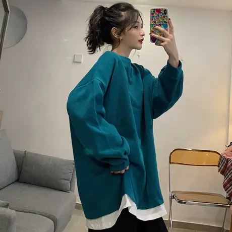 waitmore假两件卫衣女ins春秋薄款宽松韩版慵懒风中长款上衣外套商品大图