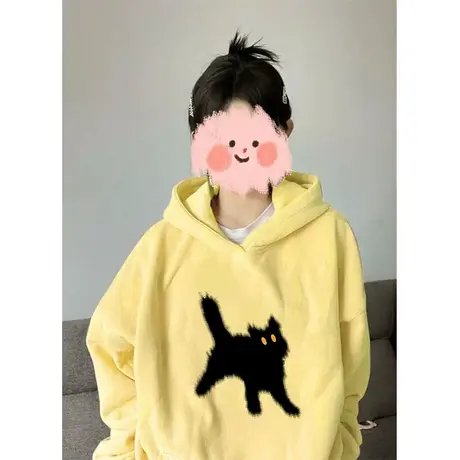 oversize连帽黄色卫衣女春秋薄款美式复古设计感宽松早秋上衣外套图片