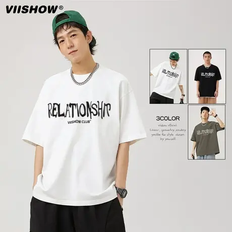 VIISHOW英文字母T恤男夏季潮牌美式休闲复古重磅短袖百搭情侣上衣商品大图