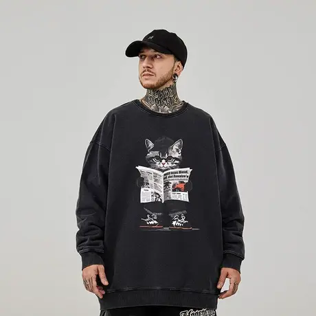 美式重磅圆领卫衣男复古纯棉水洗做旧潮牌春秋季oversize2023新款图片