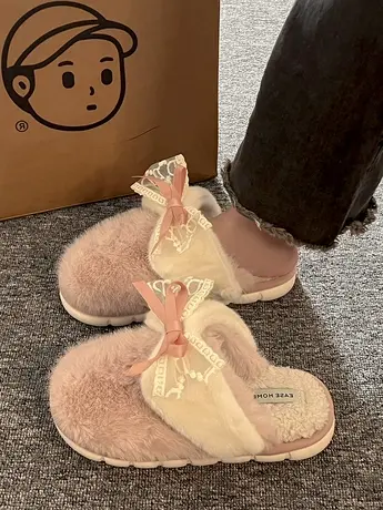 网红蝴蝶结包头棉拖鞋女士冬季2023新款室内保暖厚底防滑月子鞋女商品大图