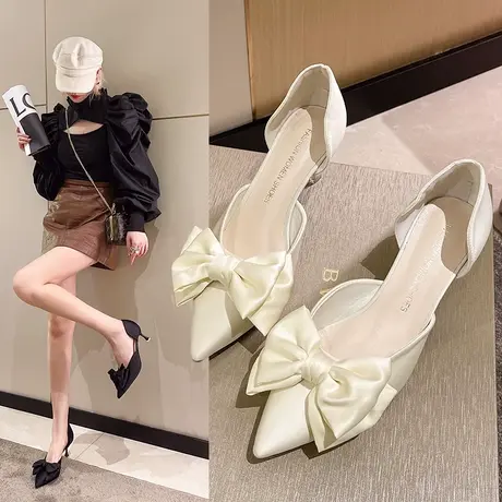 蝴蝶结高跟鞋女中空夏季新款气质百搭法式仙女风尖头细跟浅口单鞋图片