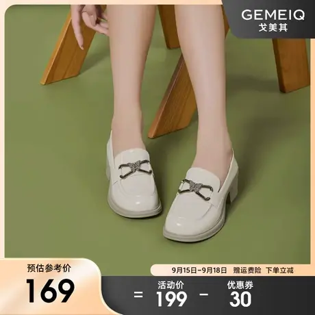 戈美其乐福鞋女2023秋季新款时尚粗跟圆头中口小皮鞋漆皮英伦单鞋图片