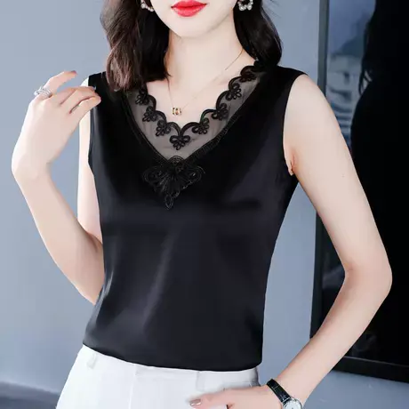 蕾丝吊带背心女外穿春夏新款宽松大码丝绸缎面内搭v领无袖上衣服图片
