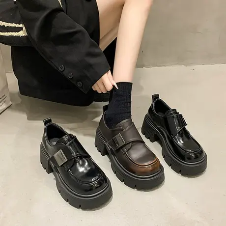 乐福鞋女204春秋季新款复古英伦风粗跟小皮鞋魔术贴厚底防滑单鞋商品大图