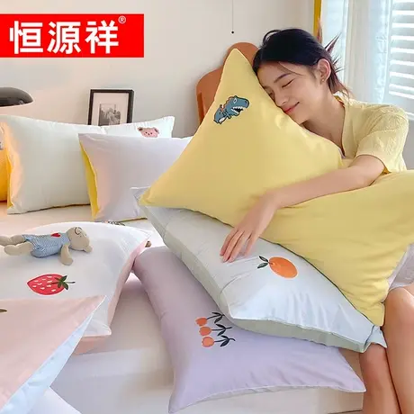 恒源祥全棉刺绣枕套少女心ins清新简约48x74纯棉枕头套（对装）图片