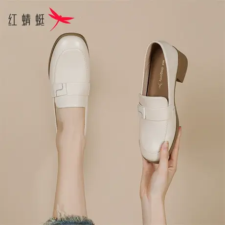 红蜻蜓粗跟乐福鞋女单鞋2023秋季新款通勤女鞋真皮软底黑色小皮鞋商品大图