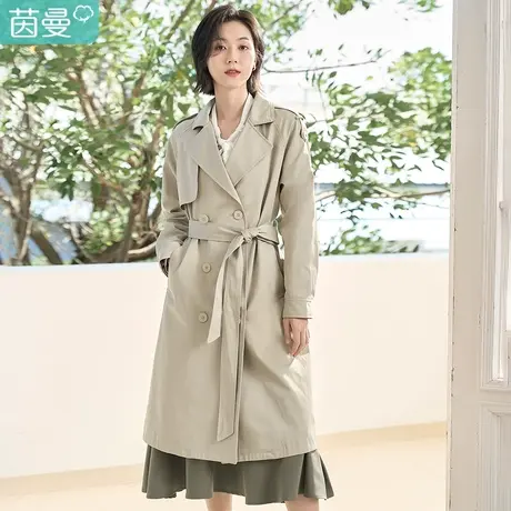茵曼2023春女装新款经典翻驳领挡风片的设计配腰带插肩袖长款风衣图片