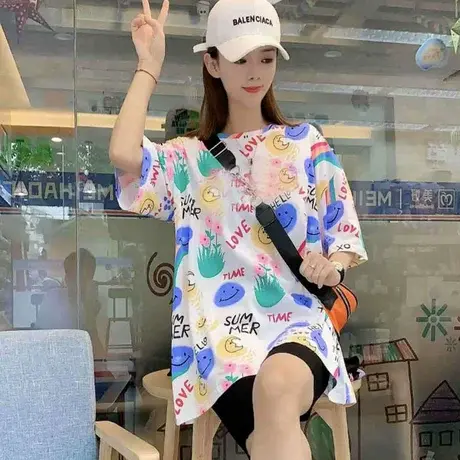 新款t恤女短袖ins潮夏装韩版学生卡通印花宽松减龄洋气遮肚子上衣商品大图