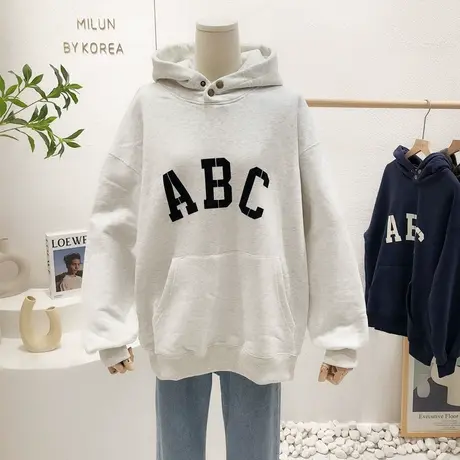 chic港风小众加绒卫衣2021秋冬款韩国东大门复古字母连帽外套大码图片