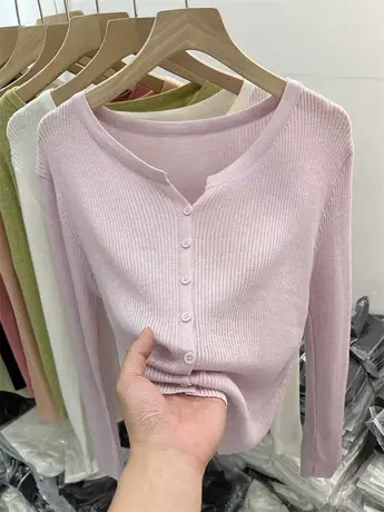 薄款软糯长袖坑条针织衫开衫女2023春夏装新款外搭防晒衣纯色上衣商品大图