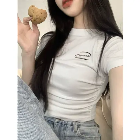 美式正肩短袖t恤女夏季2023新款设计感小众短款chic港味辣妹上衣商品大图