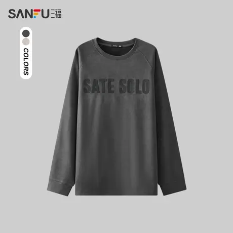 三福2023冬男士厚板字母重磅长T恤 休闲插肩袖圆领上衣男476269商品大图
