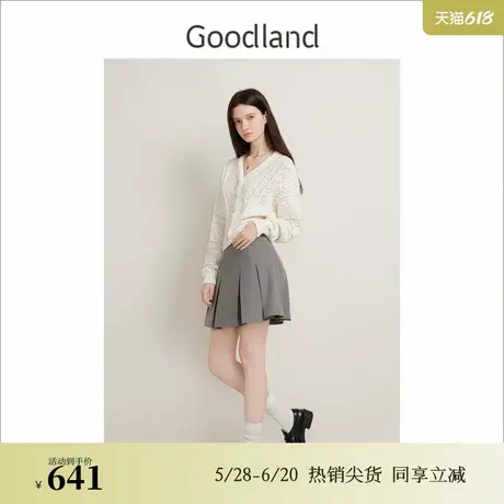 Goodland美地春季法式优雅慵懒镂空纯棉针织衫V领上衣图片