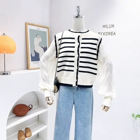 韩系小个子上衣外套春秋款时髦洋气灯笼袖衬衫拼接条纹开衫毛衣女图片