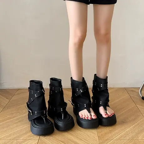 黑色铆钉夹趾凉鞋女夏季2025新款小众设计感厚底增高裤管短筒凉靴商品大图