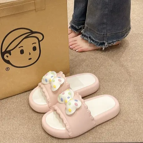 甜美花边波点蝴蝶结凉拖鞋女夏季2025新款室内居家厚底防滑一字拖商品大图