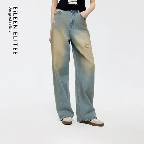 朗姿欧洲EiLEEN ELITEE2025秋新款100%棉水洗牛仔阔腿裤镰刀裤女图片