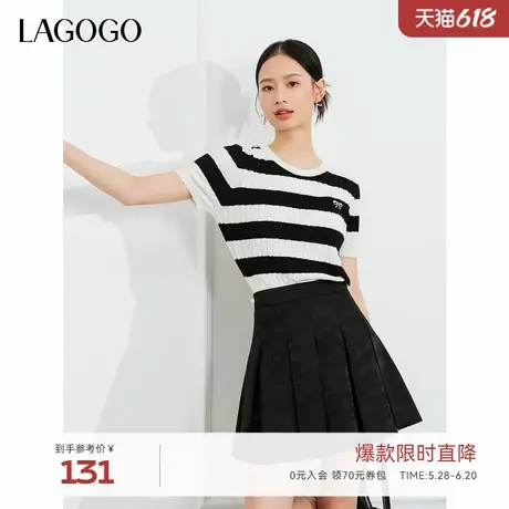 LAGOGO学院风条纹撞色毛针织衫女拉谷谷2024春秋新款亲肤短袖上衣商品大图