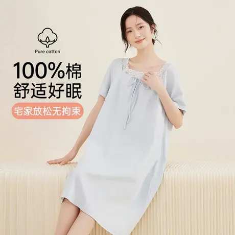 顶瓜瓜纯棉蝴蝶结系带睡裙顶呱呱套头方领蕾丝花边女士短袖睡裙商品大图