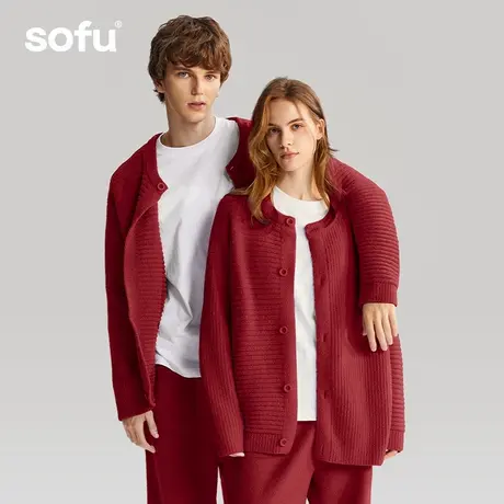 sofu红色半边绒家居服女春秋加绒加厚情侣开衫新婚本命年睡衣套装商品大图