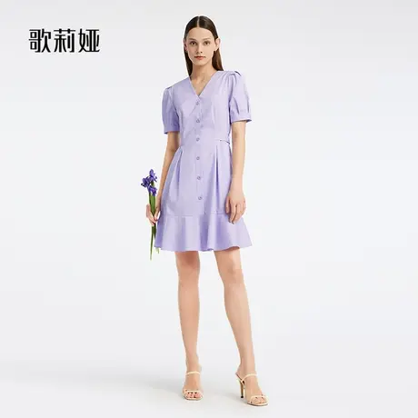 歌莉娅V领连衣裙女夏季设计感荷叶边小个子温柔收腰裙子1B6C4K700商品大图