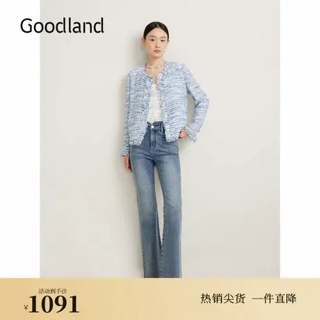 Goodland美地春季法式优雅粗花呢马卡龙小香风短外套图片
