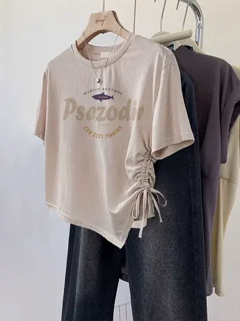 胖mm显瘦不规则短款t恤女洋气减龄上衣复古ins潮夏季大码纯棉短袖商品大图