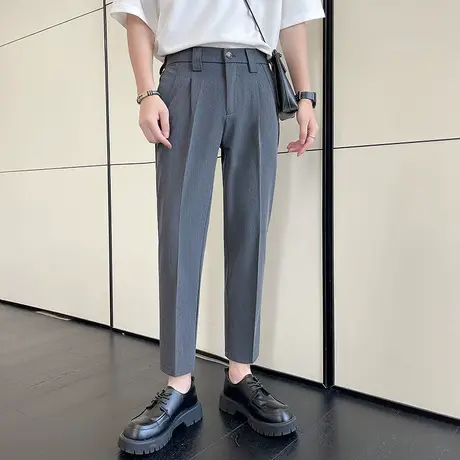 西装裤男9分夏季薄款冰丝九分裤男士松紧弹力腰围显瘦灰色休闲裤图片