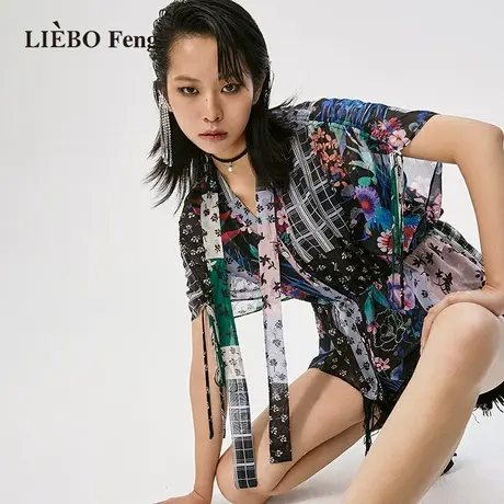 裂帛LIEBOFeng复古收腰蝴蝶袖chic印花小众设计感短袖雪纺蕾丝衫图片
