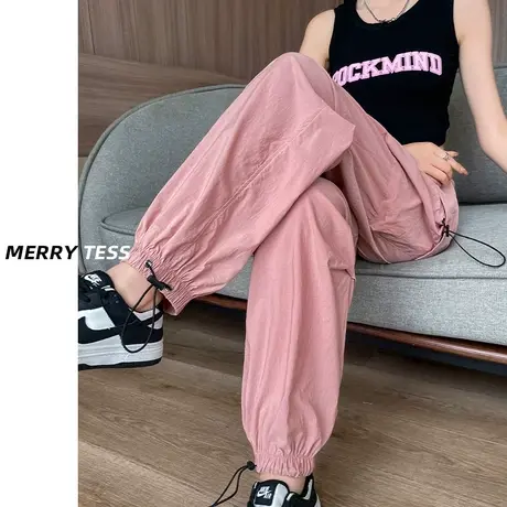 粉色阔腿工装裤女秋季爆款2023年新款设计感口袋束脚抽绳直筒裤子商品大图