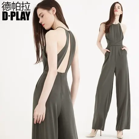 DPLAY德帕拉夏新品欧美军绿色挂脖收腰露背长款连体裤宽松阔腿裤图片