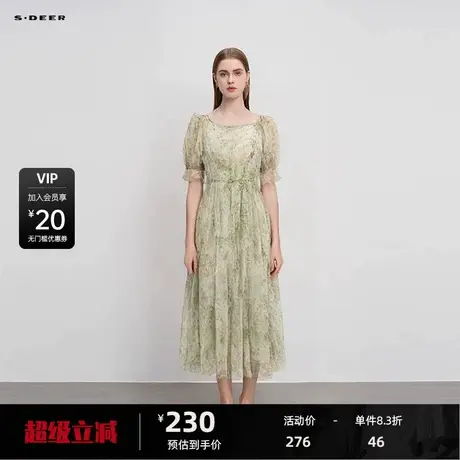 sdeer圣迪奥女装田园风方领碎花收腰网纱连衣裙S242Z12P9商品大图