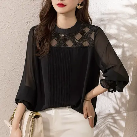 蕾丝网纱打底衫春秋新款宽松加大码女装中年妈妈洋气百搭显瘦上衣商品大图