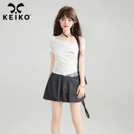 KEIKO薄纱拼接斜肩短袖t恤女25夏季美式辣妹字母印花修身显瘦上衣商品大图