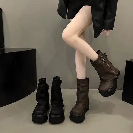 厚底增高短靴女2025年新款秋季甜酷辣妹风裤管靴小个子百搭马丁靴商品大图