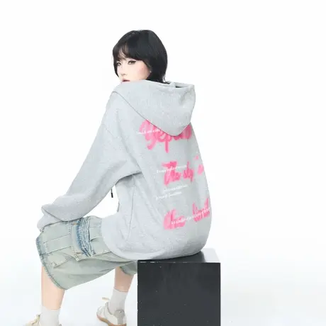 YEP2025春秋新款涂鸦字母印花连帽开衫拉链卫衣外套女宽松上衣图片