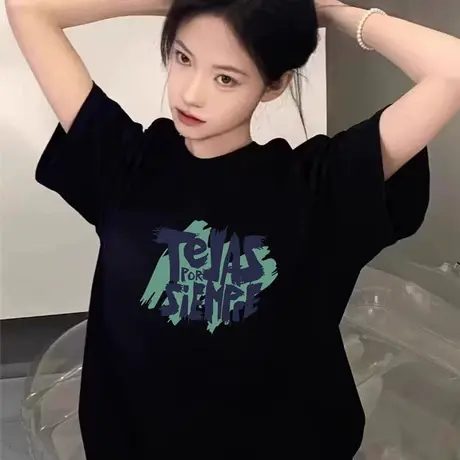 大码纯棉短袖t恤女宽松学院风趣味印花黑色夏日绝美漂亮小上衣ins商品大图