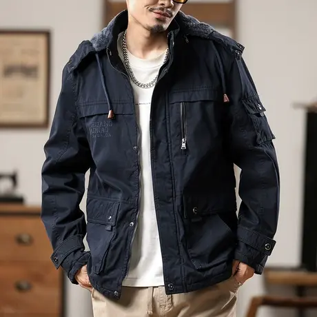 秋冬厚款加绒款耐磨外套户外休闲男士外套宽松纯色夹克外套男装商品大图