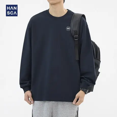 hansca 305g重磅美式宽松长袖t恤男秋季印花精梳棉双纱圆领打底衫商品大图